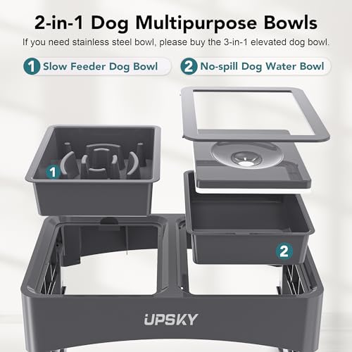 UPSKY 2-in-1 Elevated Dog Bowls Set with 4 Height Adjustable Stand, Gray - color: A-Water Bowl+Slow Feeder (Grey)