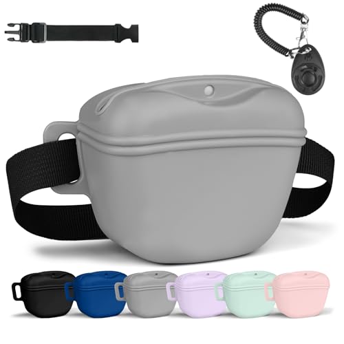AOMIG Dog Treat Pouch with Training Clicker, 1.67 Cup Silicone Dog Treat Bag with Stronger Magnetic Closure, Portable Pouches for Pet Training Walking Premium Fanny Pack with Waist Belt(Grey) - color: Grey