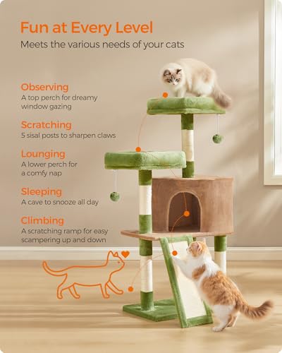 Feandrea Cat Tree, 45.3-Inch Cute Cat Tower, Climbing Condo, Green & Brown - color: Grass Green + Camel Brown