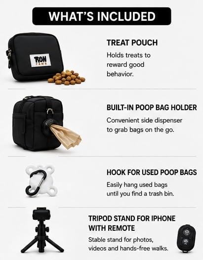 Hands-Free Dog Walking Crossbody for Training, Treat Pouch, Built-in Poop Bag Dispenser, Used Bag Hook & Bonus Tripod (Black) - color: Black