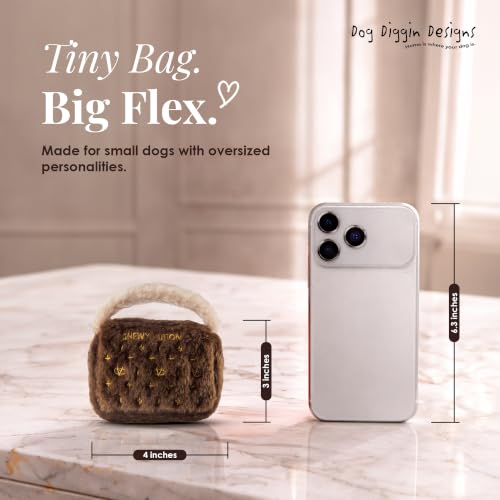 Dog Diggin Designs Chewy Vuiton Plush Dog Toy Purse | Luxury-Inspired Parody Designer Handbag with Squeaker, Soft Plush Fashion Dog Toy – Haute Couture Purses & Handbags - color: Brown Bag, size: Small
