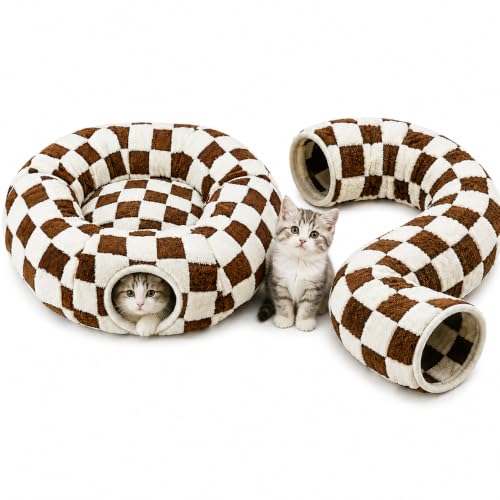 Cat Tunnel Bed with Washable Cushion for Indoor Cat, Donut Cave Tube Toys for Kitten Puppy Rabbit, Brown - color: Brown
