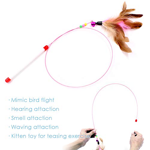 MAIYU Cat Feather Wand Toy - 3 Pack Steel Wire Feather Interactive Cat Stick Training - Beads Bells Kitten Wand Toys Pet Teaser