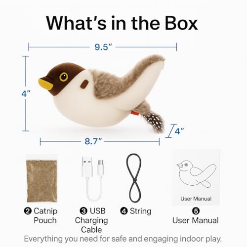 Flying Bird Cat Toy (Not a Flying Toy) – Flappy Bird Cat Toy with Flapping Wings & Chirping Sound, USB Rechargeable Motion-Activated Toy for Indoor Cats - color: Brown & White Bird