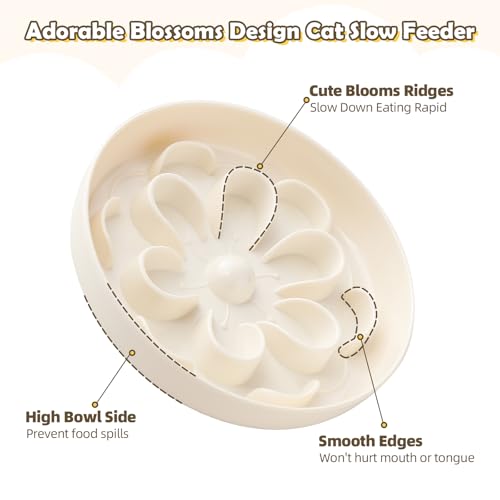 Melamine Slow Feeder Cat Bowl - Cute Blossom Maze Cat Dish - Fun Interactive Plate for Dry & Wet Food - Whisker Friendly - Dishwasher Safe - 6.3''W x 1.1''H - color: White