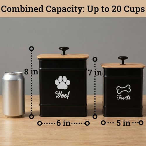 Dog Treat Container Airtight Set of 2 - 8x6 & 7x5 inch Iron Dog Treat Jars for Kitchen Counter with Airtight Bamboo Lids - 20 Cup Capacity Pet Treat Container Set - Doggie Cookie Jar - Treats Canister - color: Black - Large