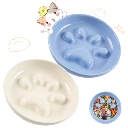 Cat Slow Feeder Bowl Set,2 Pcs Pastel Series Cat Plate for Dry and Wet Food - color: Cat's Paw-A