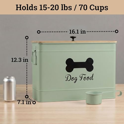 Metal Dog Food Container 15-20 lbs w/ Airtight Bamboo Lid, 70 Cup Capacity - color: Sage Green: Bone