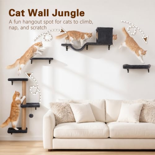 Cat Wall Shelves 6-in-1 Wall Mounted Cat Furniture 40 lbs, Dark Grey