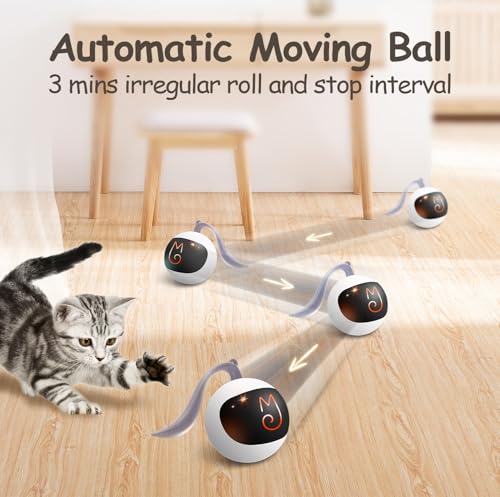Migipaws Interactive Cat Ball Toy Set, Fun Tracker, Automatic Rolling Chase Ball with Fluffy Tail, A Small Mice, Rechargeable (White) - color: White