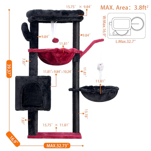 Heybly Cat Tree, 40" Tower with All-Sisal Wrapped Scratching Post HCT006SBR - color: Black and Red, size: 39.4 inch