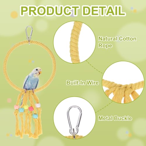 Bird Rope Perch Swing, Rope Ring Perch Standing Pole Accessory Climbing Swing Paw Grinding 14 Inch, (Yellow) Intended for Parrot/Parakeet/Budgies/Cockatiels/Lovebirds - color: Yellow, size: 14 Inch