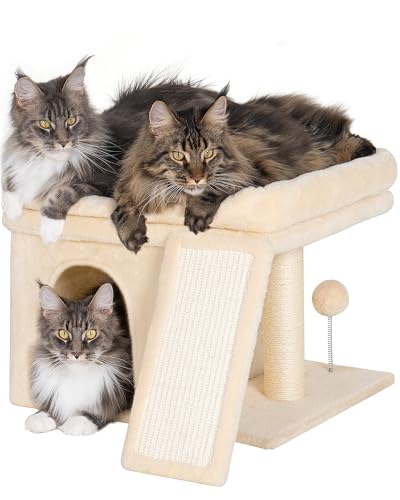 Aechonow Small Cat Tree Tower for Large Cat, Cat Bed House with Large Perch - color: L—14''Beige