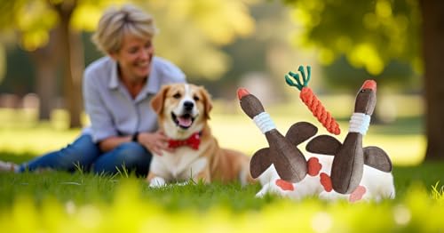 Dog Toy Bundle – 2 Durable Plush Squeaky Goose Toys + 1 Carrot Rope Chew Toy – Interactive Play Set for Small & Medium Dogs