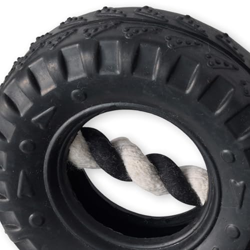 Pet Passion Natural Rubber Tire and Organic Cotton Rope Pull and Chew Dog Toy for All Pet Breeds, Black, Small - color: Black, size: Small