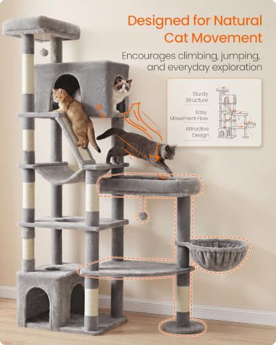 Feandrea Large Cat Tree, 74.1" Tall Sturdy Cat Tower for Indoor, Dove Gray - color: Dove Gray, size: 41.3"L x 17.7"W x 74.1"H