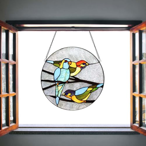 Bieye W10044 Parrots Tiffany Style Stained Glass Window Panel, Blue