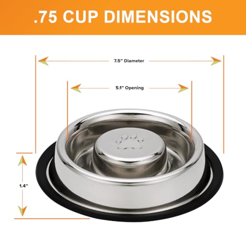 Neater Pet Brands Stainless Steel Slow Feed Bowl - Non-Tip & Non-Skid - Stops Dog Food Gulping, Bloat, Indigestion, and Rapid Eating (.75 Cup) - size: .75 Cup - Non Tip