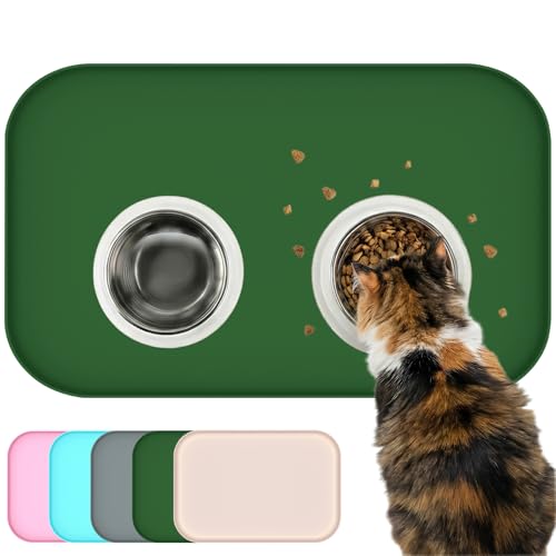 BLESWIN Waterproof Silicone Pet Feeding Mat Green with Raised Edge,24" x 16"Non-Skid Spill Proof Dog Bowl Mats, Easy Clean Cat Bowls Placemat for Cats and Dogs - color: Dark Green, size: 60 x 40 cm