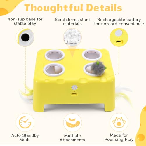 Interactive Cat Feather Toy Cheese Box 3in1 Whack a Mole - color: Yellow