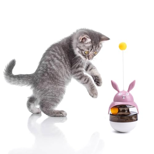 Cat Treat Puzzle Toy, Auto-Balancing Pet Food Dispenser - Brain Stimulating - Slow Feeder - Boredom Relief Kitten Toys, Interactive Training, Toy for Indoor Bored Cats (Pink, Rabbit) - color: Pink