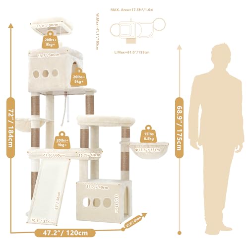 Heybly Cat Tree 72.4-Inch Anti-Tip Cat Tower with Spacious Perches HCT060MJ - color: Beige