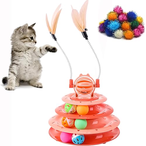 Vealind Cat Toy Roller 4-Level Turntable Cat Toys Balls with 14 Pcs Colorful Pom Pom Balls Interactive Fun Mental Physical Exercise Puzzle Kitten Toys (Orange) - color: Orange