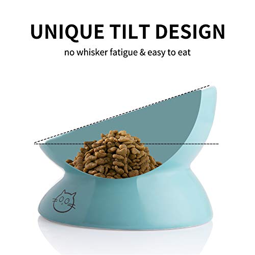 Sweejar Ceramic Raised Cat Bowls, Slanted Cat Dish Food or Water Bowls, Elevated Porcelain Pet Feeder Bowl Protect Cat's Spine, Stress Free, Backflow Prevention (Turquoise) - color: Turquoise, style: 5 Inch