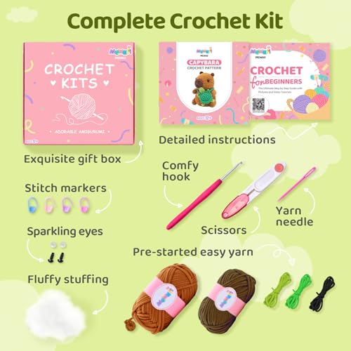 Mewaii Capybara Crochet Kit for Beginners, 40% Extra Yarn - color: Brown and Dark Green