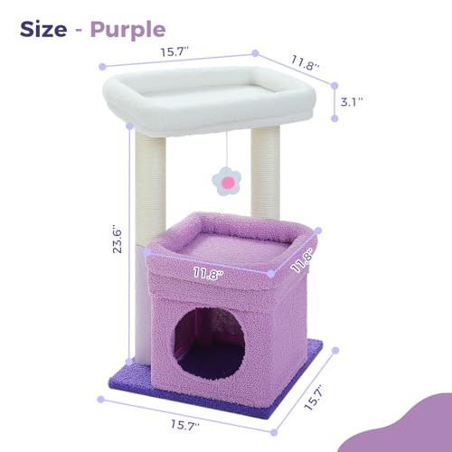 PEQULTI Small Cat Tree Tower for Indoor Cats, Sisal Post&Cozy Condo, Purple - color: Purple, size: M(15.7"L x 15.7"W x 26.7"H)
