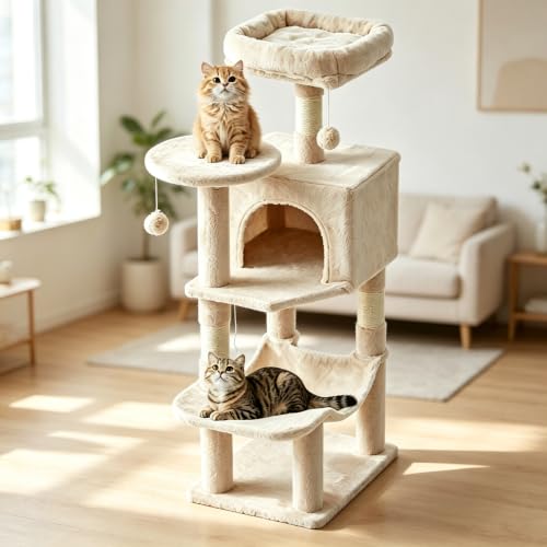 DUMOS Small 44 in Cat Tree Tower with Natural Sisal Scratching Posts - color: Beige, size: 43.6Inch