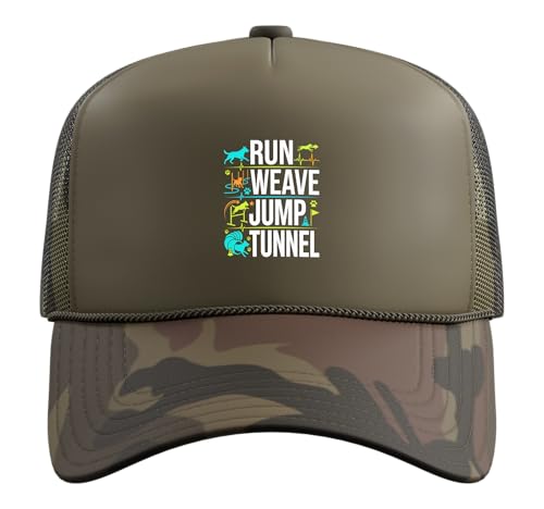 Run Weave Jump Tunnel Dog Agility Trucker Hat with Adjustable Mesh Back - color: Camo Green