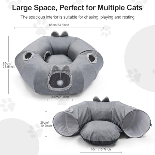 Odoland Linen Cat Tunnels & Central Cat Bed with 9 Interactive Cat Toys - color: Linen Cool Gray