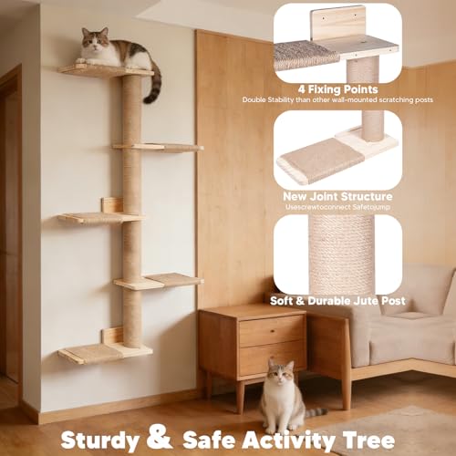 Tall Wall Cat Tree 50"‌, Wood Cat Wall Shelves Wall-Mounted Scratching Post - size: 4-Tier Cat Tree, Natural Jute Color