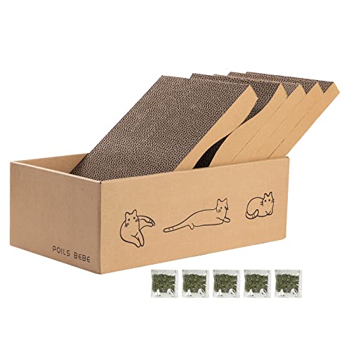 Poils bebe 5 PCS Cat Scratcher with Box, Reversible Cat Scratchers for Indoor Cats, Cardboard Cat Scratcher with Catnip, 2 Curved and 3 Flat Boards for Scratching Bed - size: 5 PCS Cat Scratcher Box
