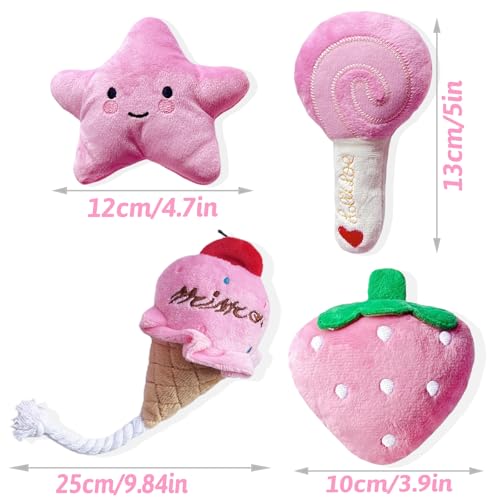 4-Pack Squeaky Plush Dog Toys for Small Dogs – Puppy Toys Gift Set, Soft Chew Toys for Chihuahua, Yorkie, Poodle | Pink Themed (Strawberry, Star, Ice Cream, Lollipop)