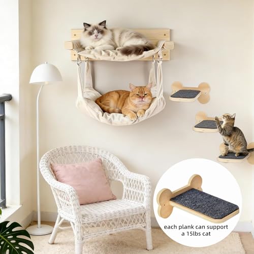 Beige Wall Mounted Cat Double Hammock & 3 Steps, Pine Climbing Shelf & Perch Set, Multi-Function Wall-Mounted Cat Furniture for Sleep Play Climb, Easy DIY Installation