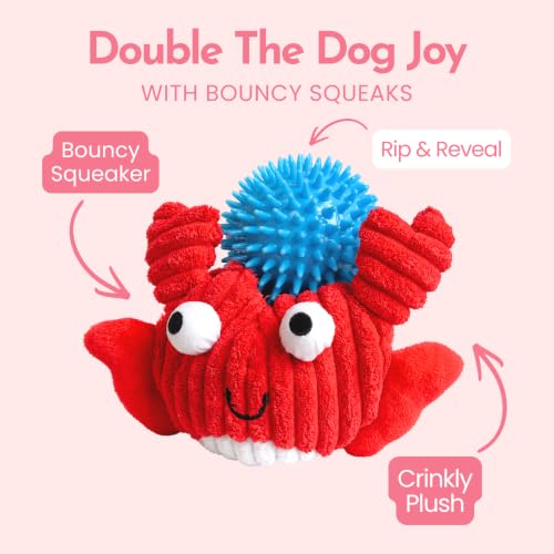 Crab Plush Dog Toy, 2-in-1 Rip & Reveal Interactive Dog Toy with Squeaky Spiky Ball Inside, Crinkle Wings, Soft Plush Chew Toy for Small Medium Large Dogs - color: Red