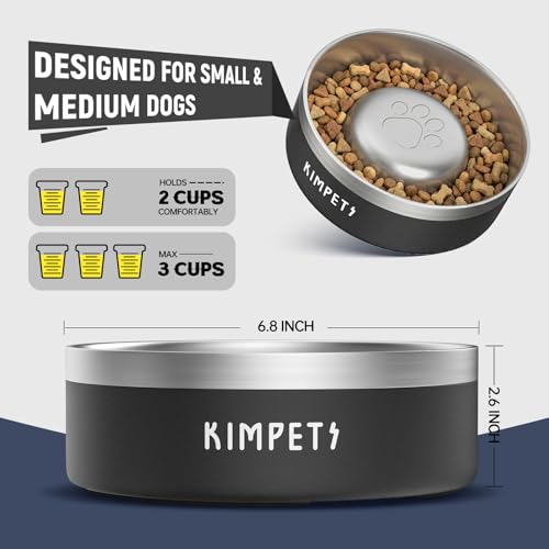 Dog Slow Feeder Bowls Food-Grade 304 Stainless Steel Dog Slow Feeder Bowl Double Wall Heavy Duty Non-Slip Rubber Base 2 Cups Capacity for Small Medium Dogs- Black - color: Black