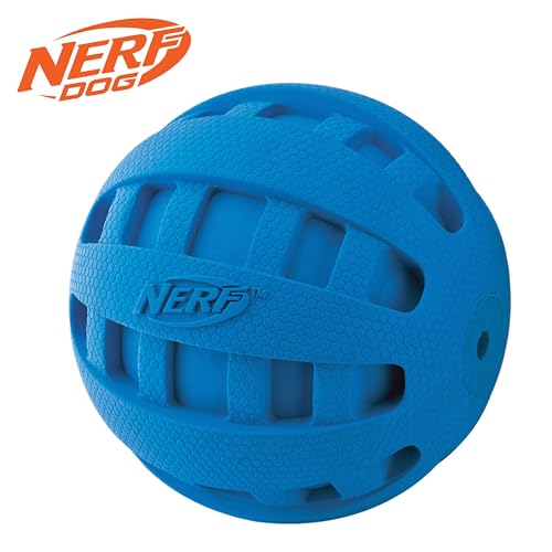 Nerf Dog Rubber Ball Dog Toy with Checkered Squeaker, Lightweight, Durable and Water Resistant, 4 Inch Diameter for Medium/Large Breeds, Single Unit, Blue - size: 4 Inch Blue, style: Checker Squeak