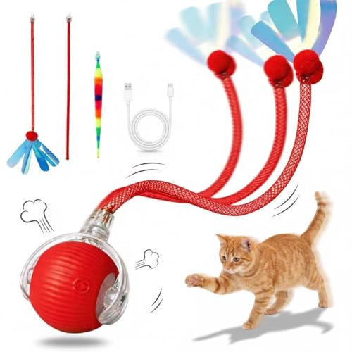 Interactive Cat Toy Ball, Automatic Rolling Toy, 3 Play Modes Rechargeable - color: Maple red