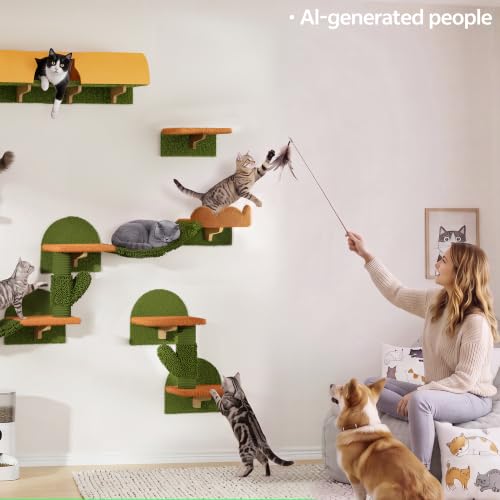 Cactus Floor to Ceiling Cat Tower, 17-in-1 Cat Wall Shelves, Green