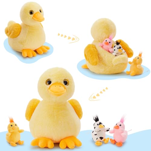 Duck Plush Toy with 3 Babies, 11 Inch Wind Up Stuffed Animal Set - style: Duck Yellow