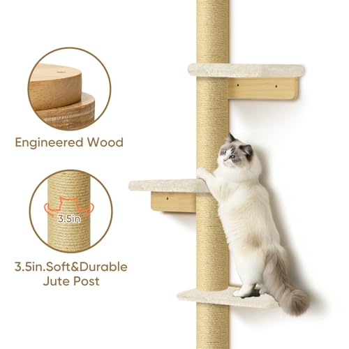 PAWSCRAT 5-Tier Wall-Mounted Cat Tree, 80-Inch Sisal Post, Beige - color: Beige