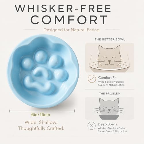 Ceramic Slow Feeder Cat Bowl, Elevated Tilted Design, Blue - color: blue