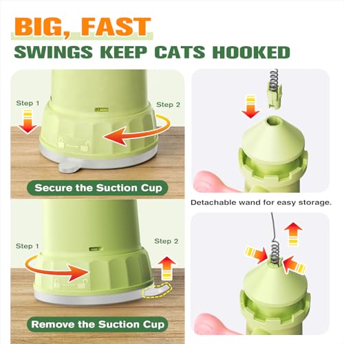 BSISUERM Cat Interactive Toys for Indoor Cats, Enhanced Suction Cup Cat Teaser Wand, Kitty Enrichment Chase Toy Fun Weight Loss Exercise Toy for Kitten Adult Cats Boredom Relief Keep Them Busy - color: Green