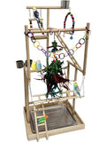 4-Tier Large Wooden Bird Playground with Trays Cups Ladder - Parrot Playstand, Birds Play Stand, Wood Perch Gym for Parrots Cockatiels - Durable Multi-Level Bird Activity Center