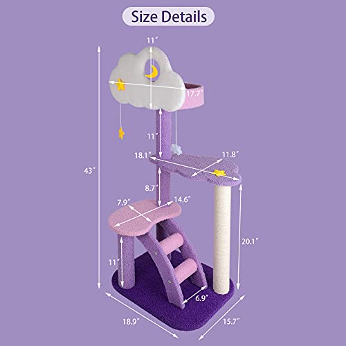43 Inch Cat Tree Tower for Indoor Cats, Cute Purple Pink Cloud Cat Tower - size: 43 Inch Cat Tree