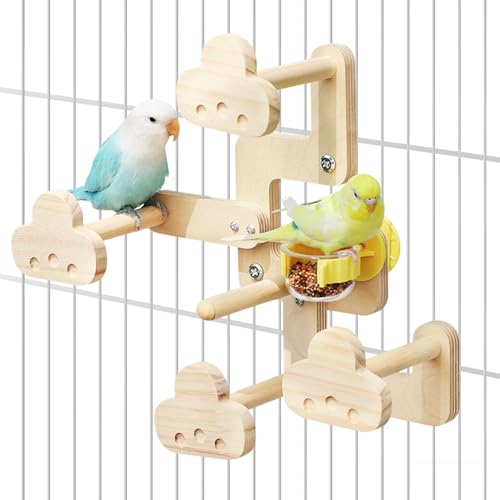 Parrots Playground,Natural Wood Perch Stand with Feeding Cups,Parrots Play Gym,Birds Perch Stand for Budgie Conures Cockatoos Lovebirds(Includes PVC Food Bowl) - color: wood
