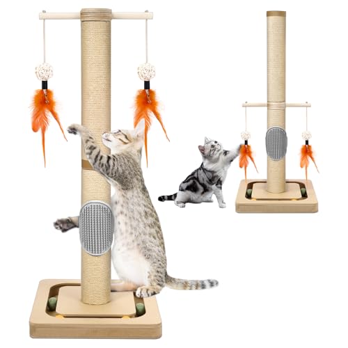 27” Small Cat Tree with 3-Tier Ball Track & Jute Scratching Post, Space-Saving Kitten Tower for Indoor Pets, Interactive Activity Center with Hanging Toys for Furniture Protection - color: 27 inches Cat Scratching Post